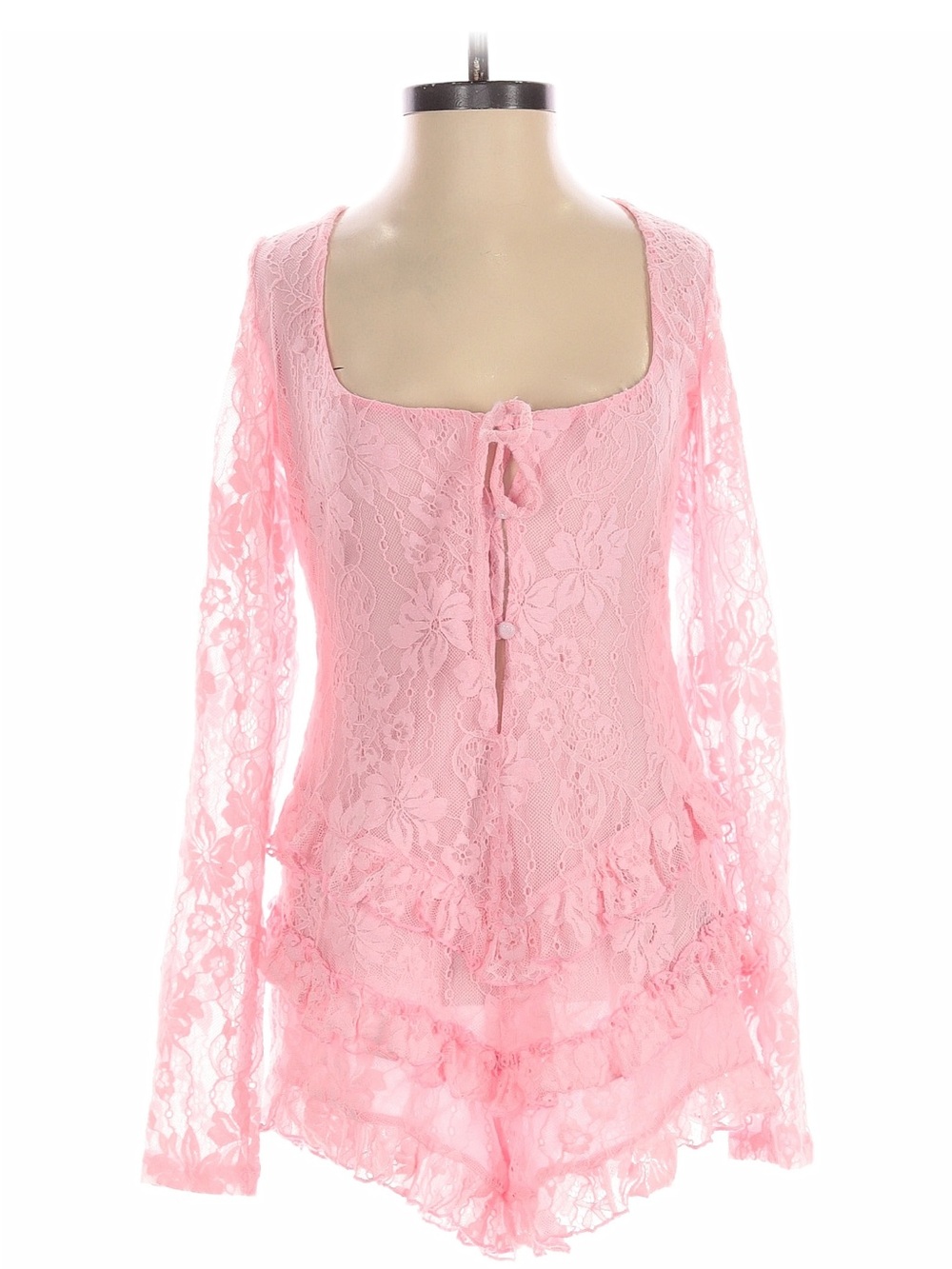 Women's Pink Lace Long-Sleeve Romper - Elegant Sleepwear